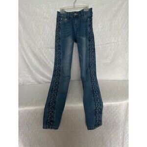 Mitzi Michel womens blue denim laced jeans, 5 pocket, front zipper,   Jr size 1